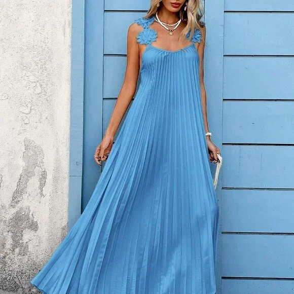 Blue Boho Women's Applique Decor Pleated Elegant Vacation Dress - Picture 4 of 6